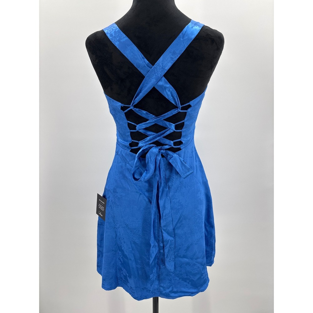 Lulus Exquisite Outlook Royal Blue Floral Jacquard Satin Lace Up Mini Dress S - Picture 7 of 12